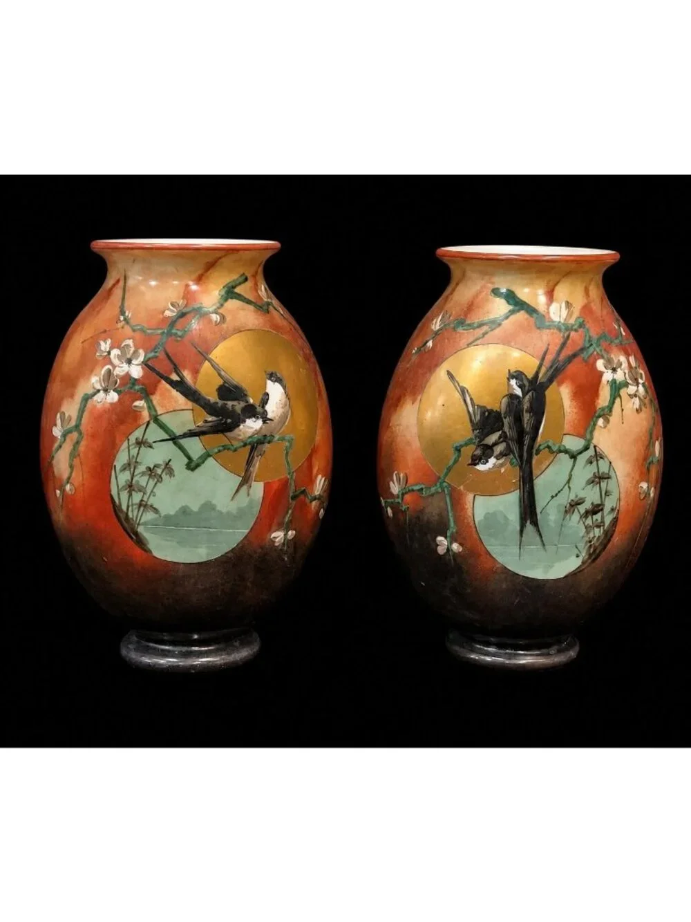 Antique Baccarat Daum Galle Opaline Art  Glass Vase Set Love Bird Apple Blossom